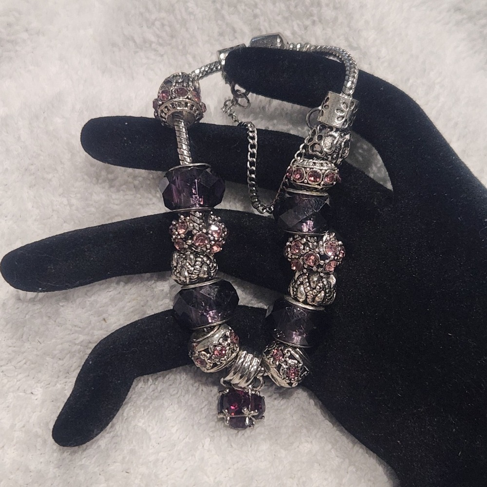 Purple Rhinestone Silver Tone Snake Chain Charm Bracelet with Safety Chain